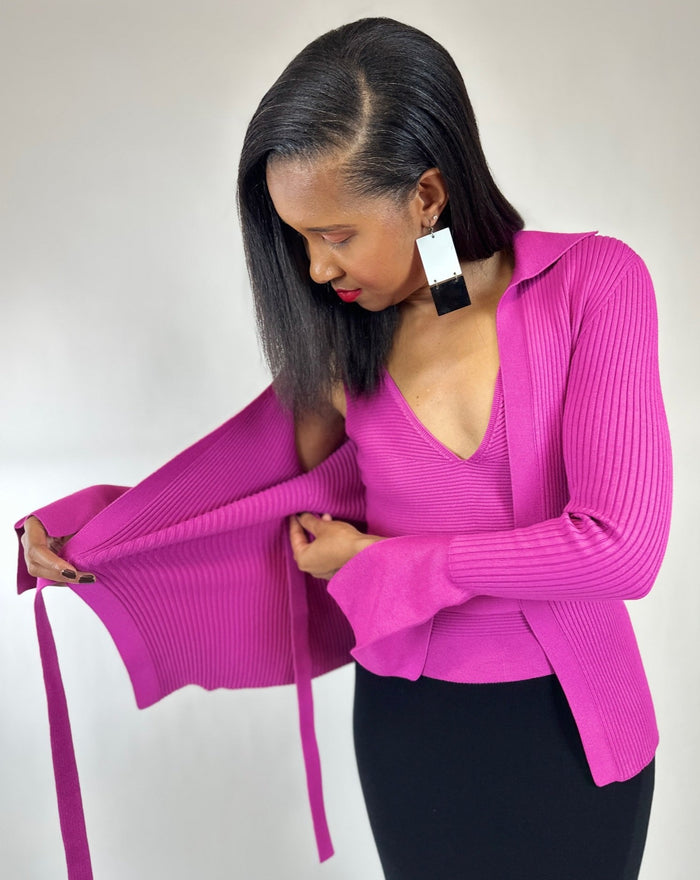 Wrap Cardigan with Collar and Waist Tie